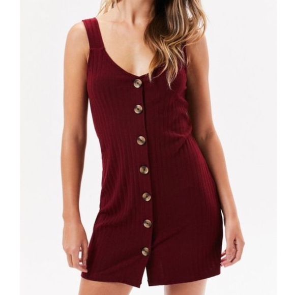 PacSun Burgundy Ribbed Button Front Dress - Picture 1 of 4